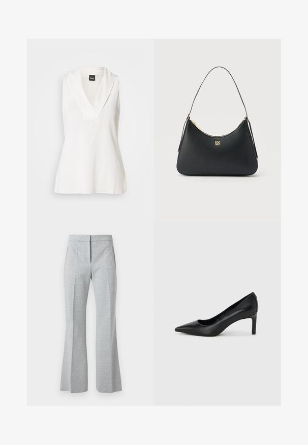Haut blanc sans manches avec un col en forme de V, doté d'un col drapé et d'une texture lisse légèrement brillante. Idéal pour être superposé.; Pantalon gris clair taille haute, taille ajustée avec un motif chevron subtil, pli frontal, poches latérales et jambes légèrement évasées.; Escarpin à bout pointu en cuir noir avec un talon fin de hauteur moyenne sur un fond gris clair uni.; Sac à main en cuir noir avec fermeture éclair dorée, sangle fine et logo "HUGO" doré centré à l'avant.