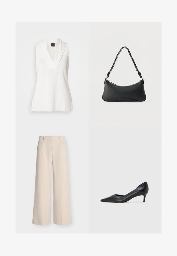 Haut blanc sans manches avec un col en forme de V, doté d'un col drapé et d'une texture lisse légèrement brillante. Idéal pour être superposé.; Pantalon beige à jambes larges avec poches avant, passants de ceinture et devant plat, présenté sur un fond clair uni.; Escarpin en cuir noir avec un bout pointu et un talon bas. Présente une texture lisse et un éclat subtil. Découpe ouverte à l'avant pour un détail supplémentaire.; Sac à bandoulière en cuir noir de forme rectangulaire incurvée, avec une chaîne dorée tissée dans la bandoulière noire tressée et une fermeture éclair sur le dessus.
