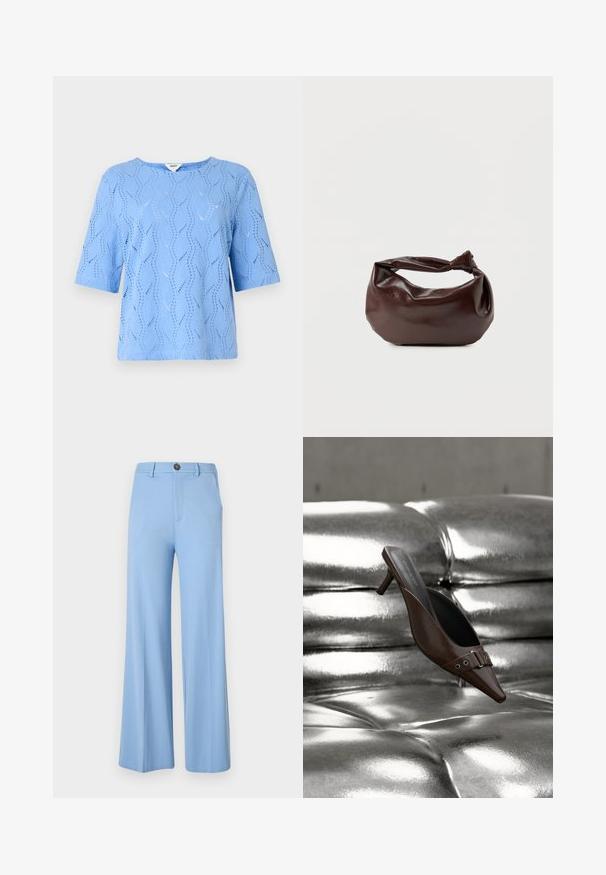 Un haut bleu clair à manches courtes avec un motif de vagues et des détails découpés. Encolure ronde, coupe décontractée, fabriqué en tissu texturé.; Pantalon large bleu clair en tissu lisse, équipé d'une fermeture à bouton et de poches avant. Design épuré et ajusté sans motifs.; Mule à talon brun à bout pointu avec détail boucle flottant au-dessus d'une surface en cuir argenté capitonnée brillante.; Sac bandoulière en cuir marron foncé avec une forme souple et décontractée et une anse nouée torsadée sur un fond blanc uni.