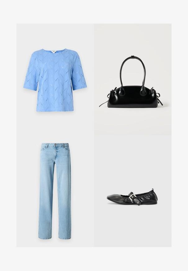 Un haut bleu clair à manches courtes avec un motif de vagues et des détails découpés. Encolure ronde, coupe décontractée, fabriqué en tissu texturé.; Jeans en denim bleu clair, design à jambe droite, avec cinq poches et une fermeture à bouton à l'avant. Texture lisse avec un léger délavage.; Chaussure plate en cuir noir avec un nez pointu, des détails froncés autour de l'ouverture et un accent en boucle argentée sur la bride ajustable.; Petit sac à main noir brillant avec deux longues anses et des détails à cordon sur les côtés sur un fond clair uni.