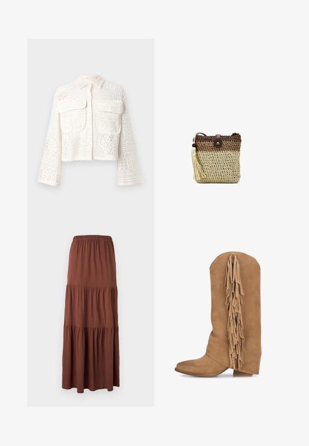 Chaqueta de crochet de manga larga color crema con patrones florales y dos bolsillos con solapa en el pecho, cierre de botones y cuello clásico.; Falda larga marrón con volantes y cintura elástica, hecha de tela suave y ligera, colgada plana sobre un fondo blanco.; Bota de ante marrón con caña alta y flecos, y una punta ligeramente puntiaguda. Presenta un tacón apilado y un acabado suave.; Bolso pequeño de crochet para el hombro con rayas beige y marrones, correa de botón de cuero y borla crema con cuentas de madera en el lateral.