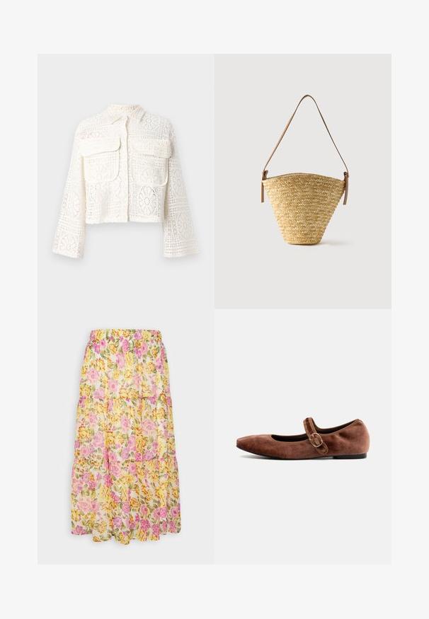 Langærmet hæklejakke i cremefarve med blomsterprint og to brystlommer med klap, knaplukning foran og en klassisk krave.; VILA VIMAGGIE MIDI SKIRT - A-snit nederdel - cloud dancer; Bianco Mary Jane shoes BIALILJA - Ballerinasko m/ rem - dark brown; Flettet stråtaske med bred bund, smal top og justerbar brun læder skulderrem.