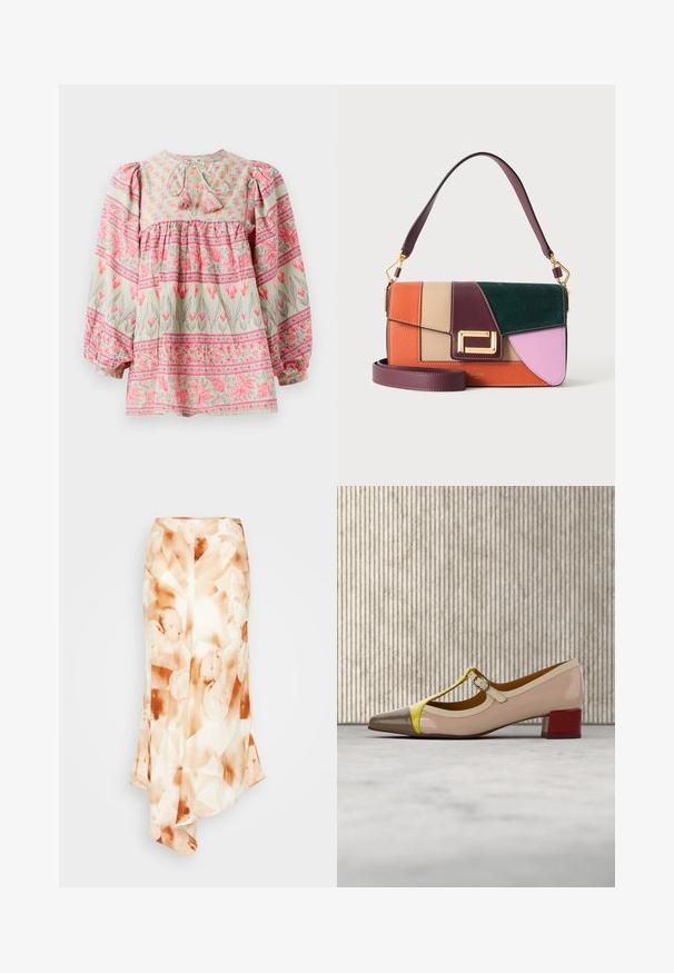 Blusa de estampado floral en verde claro con acentos en rosa y blanco, que presenta un cuerpo fruncido y mangas abullonadas, atada en la parte de atrás con borlas.; Larga falda fluida de una tela ligera con un patrón abstracto que presenta tonos terrosos: blanco cremoso, naranja suave y manchas marrones.; Zapato de charol beige con detalles amarillos y marrones, diseño de correa en T, pequeño tacón rojo y recorte lateral. Detalles texturizados en las correas.; Bolso de mano de cuero con bloques de color en naranja, beige, burdeos, verde y rosa con cierre dorado y dos correas burdeos, una corta y una larga.