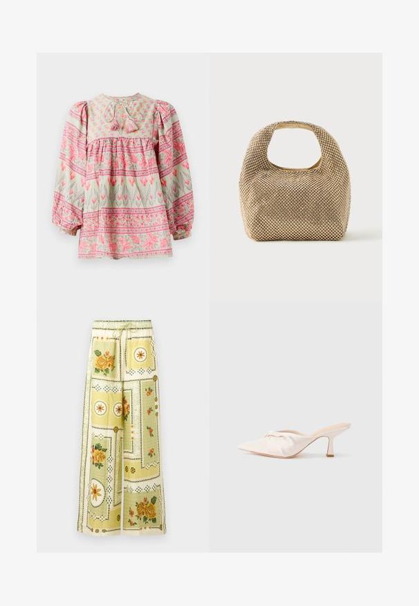 Bloes met bloemmotief in lichtgroen met roze en witte accenten, met een geraffineerde lijf en pofmouwen, die aan de achterkant is vastgebonden met franjes.; Wijde broek met lichtgele bloemen- en geometrische patchworkpatronen, met een elastische tailleband en trekkoord.; Muil in lichtbeige stof met een geknoopt ontwerp aan de voorkant, een puntige neus en een slanke, taps toelopende hak. Over het geheel genomen een gladde textuur.; Kleine handtas in goudkleur, bedekt met glanzende ronde studs, met een kort handvat en een rechthoekige uitsnede aan de bovenkant.