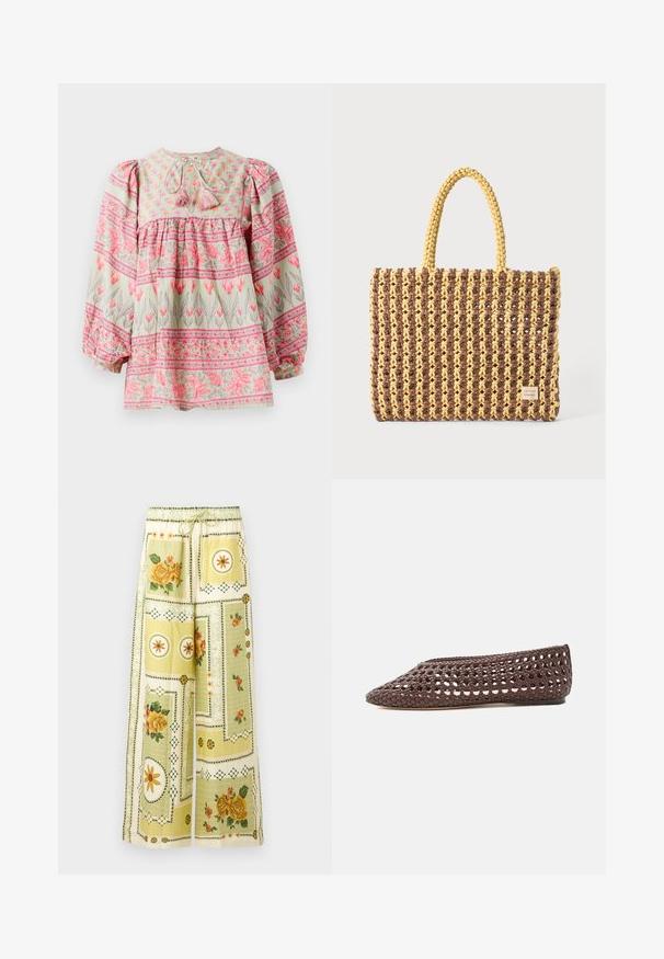 Bloes met bloemmotief in lichtgroen met roze en witte accenten, met een geraffineerde lijf en pofmouwen, die aan de achterkant is vastgebonden met franjes.; Wijde broek met lichtgele bloemen- en geometrische patchworkpatronen, met een elastische tailleband en trekkoord.; Bruine platte schoen met geweven opengewerkt ontwerp en gesloten afgeronde neus, zijaanzicht op een lichte achtergrond.; Geweven tas in bruin en geel, met een rechthoekige vorm, twee handvatten en een textuurafwerking met zichtbare stiksels en een merketiket.