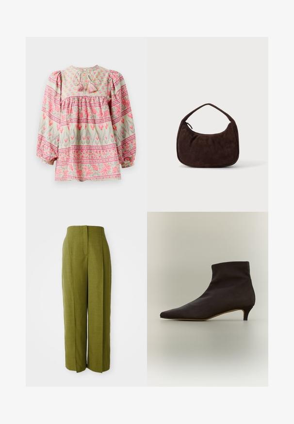 Bluse mit floralen Mustern in Hellgrün mit rosa und weißen Akzenten, featuring ein gerafftes Oberteil und Puffärmel, im Rücken mit Quasten gebunden.; Theory Stoffhose - avocado; Schwarzer Stiefelette mit spitzer Zehe und kurzem Kittenabsatz auf neutralem Hintergrund.; Dunkelbraune Wildlederhandtasche mit kurzem Riemen und abgerundeter rechteckiger Form auf einem einfarbigen hellen Hintergrund.