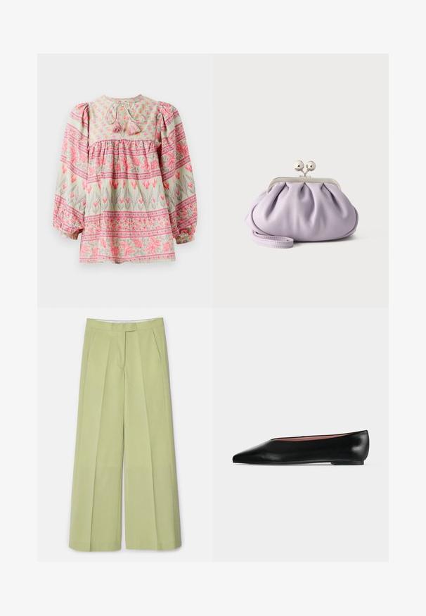 Bloes met bloemmotief in lichtgroen met roze en witte accenten, met een geraffineerde lijf en pofmouwen, die aan de achterkant is vastgebonden met franjes.; Lichtgroene wijde broek van soepel materiaal, met voorplooien, twee zijzakken en een rechte snit.; Zwarte leren damesschoen met platte zool, puntige neus en lage hak, zijwaarts afgebeeld tegen een effen lichtgrijze achtergrond.; Zachte lavendelkleurige clutch met geplooide stof, zilveren kiss-lock sluiting en bijpassend polsbandje op een effen lichte achtergrond.