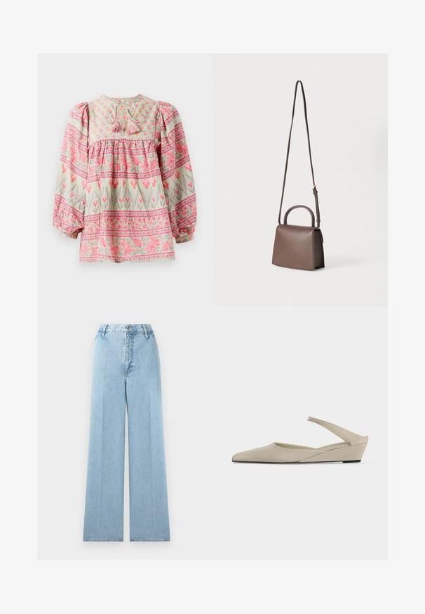 Blomstermønstret bluse i lys grøn med lyserøde og hvide detaljer, der har en rynket bodice og puffede ærmer, bundet bagpå med kvaster.; Lyseblå bredbenede jeans lavet af denim med høj talje, som har fem bæltestropper, en frontknaplukning og stikninger.; Beige lav kilehæl slingback sko med spids tå og glat mat finish, vist i sideprofil på hvid baggrund.; Brun læderhåndtaske med en struktureret form, der har et topgreb og en lang justerbar rem. Tekstureret finish med minimal detaljer.