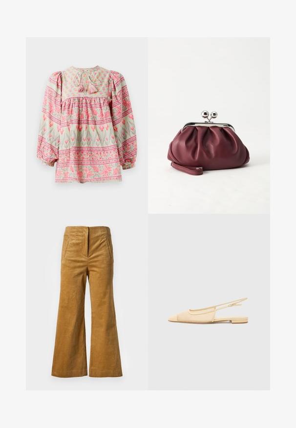 Blomstermønstret bluse i lys grøn med lyserøde og hvide detaljer, der har en rynket bodice og puffede ærmer, bundet bagpå med kvaster.; Veronica Beard DOVA PANT - Bukser - khaki; Slingback fladsko i lys beige med en mesh-overdel, spids tå og en lav hæl. Har en justerbar strop for bedre pasform.; Lille bordeauxlæder clutch-pung med sølv metal lukning og håndledsrem på hvid baggrund.