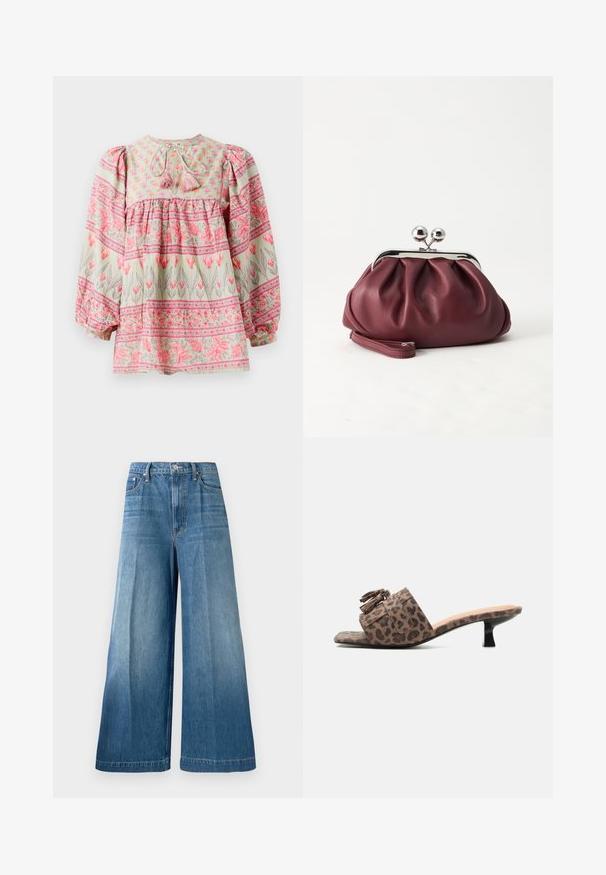 Bluse mit floralen Mustern in Hellgrün mit rosa und weißen Akzenten, featuring ein gerafftes Oberteil und Puffärmel, im Rücken mit Quasten gebunden.; Hoch geschnittene, weit geschnittene blaue Denim-Jeans mit vorderem Knopf, Reißverschluss und subtilen Verwaschungen an den Beinen.; Braune Mule-Sandale mit Leopardenmuster, niedrigem schwarzen Absatz und dekorativen Quasten auf dem breiten Riemen.; Kleine burgunderrote Lederclutch mit silbernem Metallverschluss und Handgelenksriemen auf weißem Hintergrund.