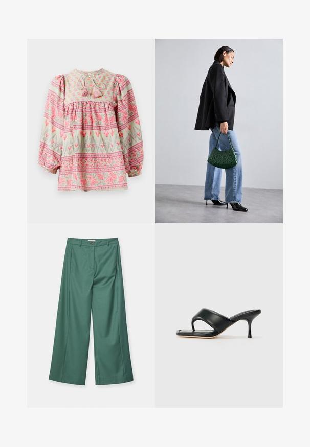 Blomstermønstret bluse i lys grøn med lyserøde og hvide detaljer, der har en rynket bodice og puffede ærmer, bundet bagpå med kvaster.; Bredde ben bukser i en teal farve, lavet af et glat stof. Har en frontknaplukning og to sidelommer.; STAND STUDIO JESSICA - Mules med hæl - black; DRAGON DIFFUSION ROSANNA - Håndtasker - forest