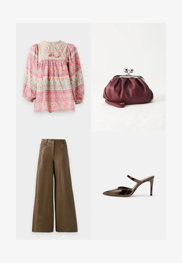 Blomstermønstret bluse i lys grøn med lyserøde og hvide detaljer, der har en rynket bodice og puffede ærmer, bundet bagpå med kvaster.; Breddebenede bukser lavet af glat, brun kunstlæder. Har højt talje, fire lommer og en lynlås foran. Flad tekstur og minimalistisk design.; Skinnende mørkebrune mule med spids tå og høje hæle med en tynd rem over foden på en ensfarvet hvid baggrund.; Lille bordeauxlæder clutch-pung med sølv metal lukning og håndledsrem på hvid baggrund.