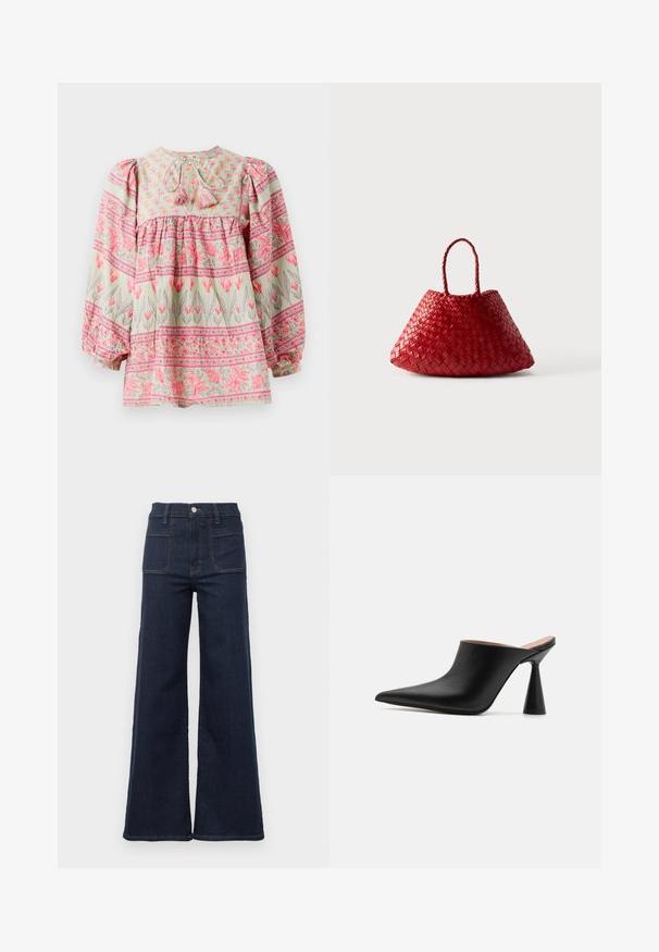 Bluse mit floralen Mustern in Hellgrün mit rosa und weißen Akzenten, featuring ein gerafftes Oberteil und Puffärmel, im Rücken mit Quasten gebunden.; Dunkelblaue ausgestellte Jeans aus Denim mit hoher Taille, die zwei hintere Taschen und kontrastierende Nähte entlang der Säume aufweist.; Schwarze Leder-Mules mit spitzem Zehenbereich und einzigartigem kegelförmigem Absatz. Glatte Textur und minimalistisches Design, offener Rücken für einfaches Anziehen.; Rote gewebte Lederhandtasche mit abgerundeter, dreieckiger Form und zwei geflochtenen Griffen auf weißem Hintergrund.