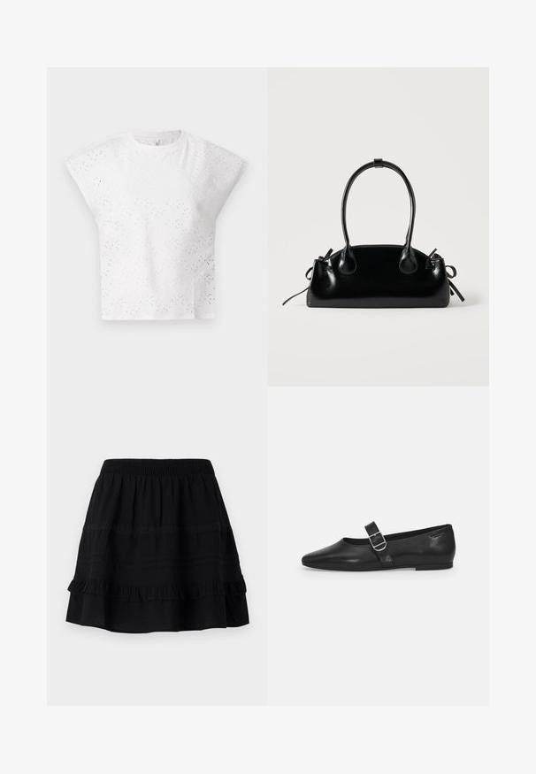 Top blanc à manches courtes avec un design en œillets texturés, des épaules structurées et un col rond. Tissu léger.; Jupe en coton noir avec un design à volants superposés, dotée d'une taille élastique et d'ornements en couture contrastée et en bandes de dentelle.; Chaussure plate en cuir noir avec un bout arrondi, une seule sangle réglable à boucle et une texture lisse et brillante. Design minimaliste avec un petit talon.; Petit sac à main noir brillant avec deux longues anses et des détails à cordon sur les côtés sur un fond clair uni.
