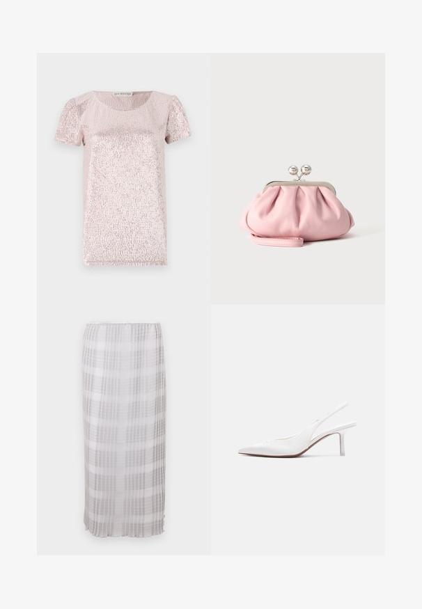 Haut rose à manches courtes avec une surface texturée et scintillante, col rond et manches légèrement bouffantes, fabriqué à partir d'un tissu lisse.; Jupe longue et transparente en blanc avec un motif à carreaux gris. Tissu doux et léger avec une taille élastique, se terminant à la longueur de la cheville.; Chaussure pour femme en cuir blanc avec bride arrière, bout pointu, petit talon kitten bas et petit nœud décoratif sur le dessus, vue de profil latéral.; Petit sac pochette doux rose avec cadre métallique argenté et fermoir rond, reposant sur une surface plate et claire avec une bride de poignet repliée devant.