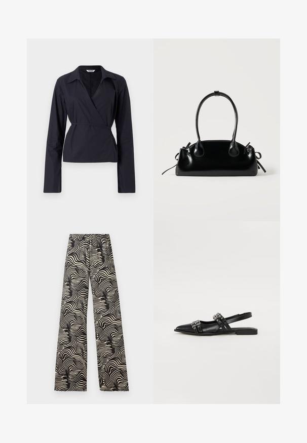 Haut enveloppant noir en tissu léger. Dispose de manches longues, d'un col et d'une taille nouée pour une silhouette ajustée.; Un pantalon large avec un motif tourbillonnant en monochrome. Le matériau semble léger avec une finition texturée ; il dispose d'une taille haute élastique.; Even&Odd by Zalando Ballerines à brides arrière - black; Petit sac à main noir brillant avec deux longues anses et des détails à cordon sur les côtés sur un fond clair uni.