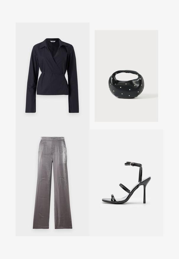 Haut enveloppant noir en tissu léger. Dispose de manches longues, d'un col et d'une taille nouée pour une silhouette ajustée.; Pantalons à jambes larges en tissu argenté brillant. Caractéristiques d'une texture lisse avec une taille plate et sans poches visibles.; Sandales à talons hauts en cuir verni noir avec trois sangles horizontales et une sangle de cheville ajustable. Silhouette élégante et finition brillante.; Sac à main en cuir noir de forme arrondie, décoré de clous argentés et équipé d'une poignée courte. Texture lisse et fermeture éclair.