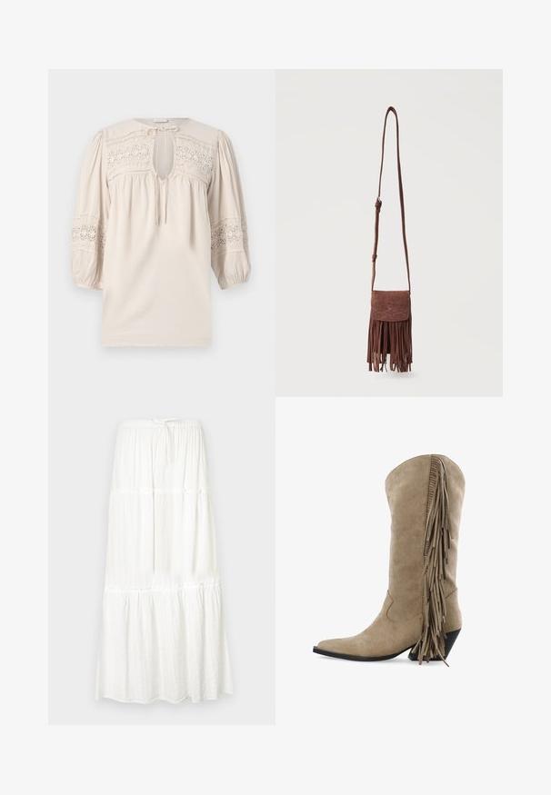 Blusa de color beige claro con cuello redondo, mangas abullonadas y detalles de encaje bordado. Presenta una abertura en forma de ojal y tejido texturizado.; Falda larga blanca con diseño de capas, cintura elástica y cordón ajustable. Hecha de tela ligera con acabado texturizado.; Bota vaquera de ante beige con punta puntiaguda, tacón apilado en ángulo y largo detalle de flecos a lo largo del lateral de la caña.; Bolso bandolera de ante marrón con correa larga, patrón decorativo cosido en la solapa y flecos colgantes a lo largo del borde inferior.