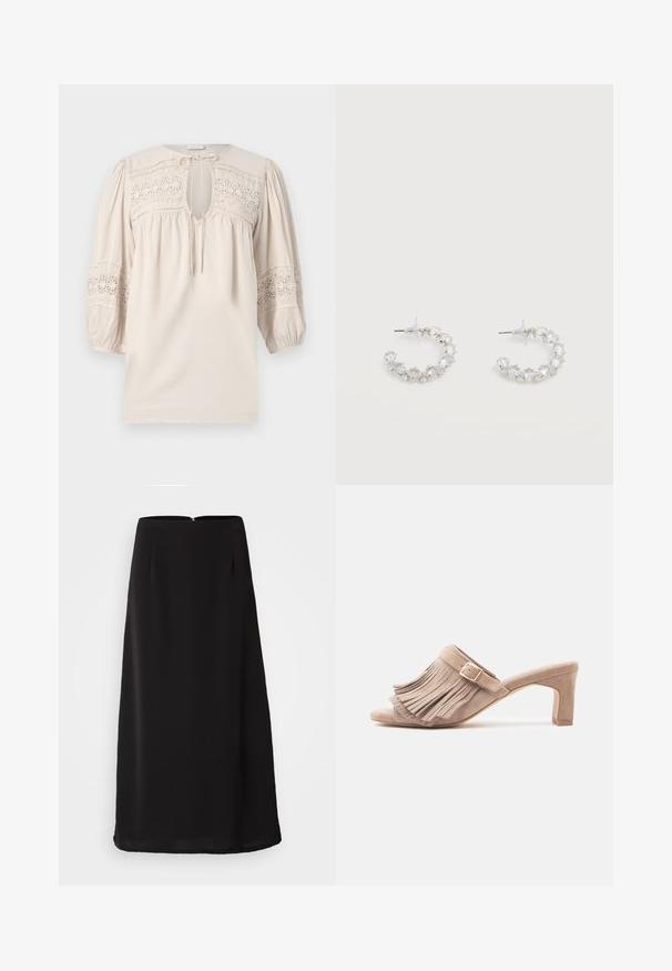 Blusa de color beige claro con cuello redondo, mangas abullonadas y detalles de encaje bordado. Presenta una abertura en forma de ojal y tejido texturizado.; Falda midi negra con una textura suave, silueta recta y cremallera en la parte posterior. Presenta un sutil plisado para añadir detalle y fluidez.; Zuecos de tacón de ante beige con un amplio detalle de flecos en el empeine, un adorno de hebilla y un tacón cuadrado de altura media.; Pendientes de aro plateados incrustados con cristales facetados transparentes, con cierre de poste y tapones auriculares transparentes sobre un fondo blanco.