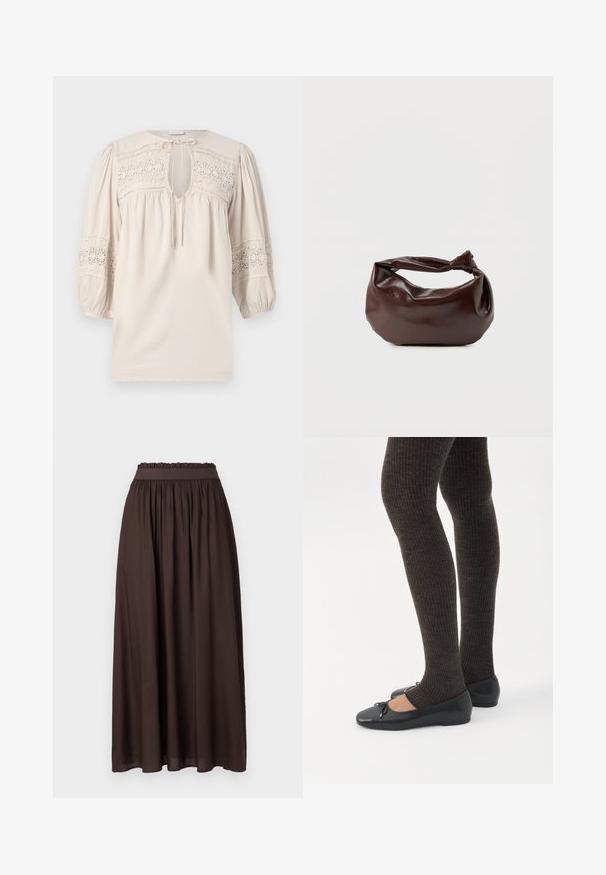 Blouse beige clair avec un col rond, des manches bouffantes et des détails en dentelle brodée. Présente une ouverture en forme de clé et un tissu texturé.; Jupe marron, longueur cheville, en tissu lisse. Taille élastique avec texture froncée, offrant un ajustement décontracté. Design simple, sans motifs.; Jambes portant des leggings côtelés foncés associés à des ballerines noires avec de petits détails en nœud sur fond blanc.; Sac bandoulière en cuir marron foncé avec une forme souple et décontractée et une anse nouée torsadée sur un fond blanc uni.