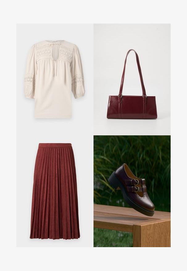 Hellbeige Bluse mit rundem Ausschnitt, gepufften Ärmeln und gestickten Spitzen-Details. Verfügt über eine Schlüsselöffnung und strukturierten Stoff.; Midirock in Burgunderrot mit Falten, gefertigt aus weichem Stoff, mit vertikalen Falten und einem taillierten Bund. Glatte Textur in einfarbiger Ausführung.; Dunkelbrauner Lederschuh mit doppelten Schnallenriemen, perforierten Details und dicker schwarzer Sohle, schwebend über einem Holztisch im Freien.; Burgunderfarbene Handtasche aus glänzendem Material, rechteckige Form, mit zwei Schulterriemen und subtilen, geschwungenen Akzenten an der Vorderseite.