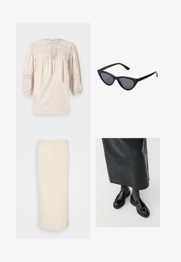 Heled beez bluus ümmarguse kaelusega, puff-särkidega ja tikitud pitsi detailidega. Omab võtmeaugu avadust ja tekstureeritud kangast.; Monki Pliiatsseelik - beige dusty light; Mustad nahast loafertossud sileda pinnaga, dekoratiivse rihma, ümarate varvaste ja tekstuuriga tallaga. Kanda pikkade mustade nahkseelikutega.; Mustad musta kassi silmadega päikeseprillid tumedate hallide läätsedega, stiilne plastraam, teravad nurgad ja sirged kaared. Nähtavad metallist osad või aksessuaarid puuduvad.