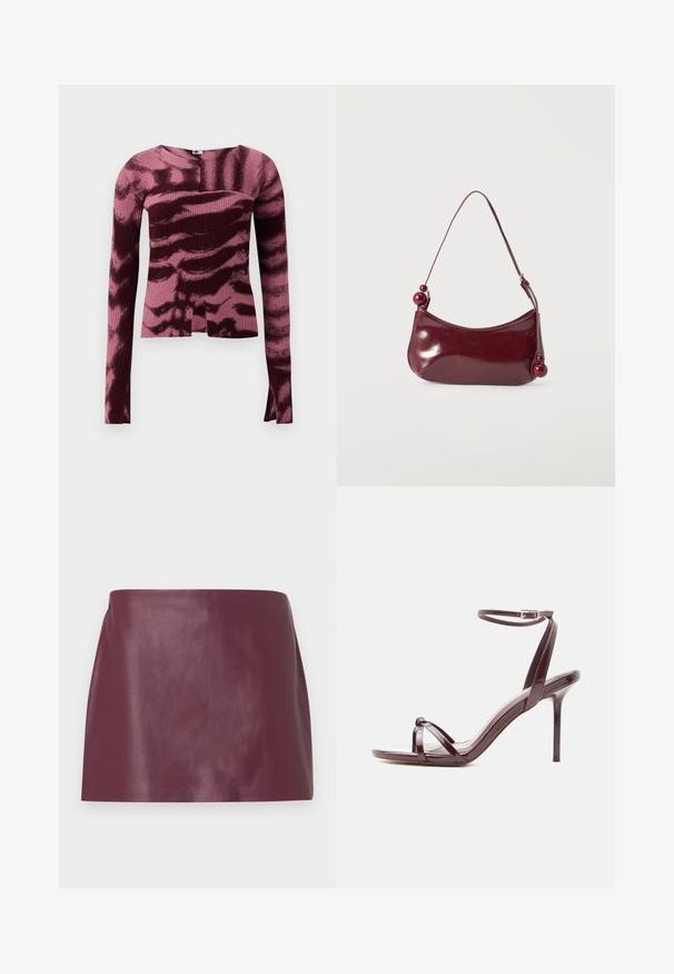 Langærmet ribbet top i et bordeaux- og pink abstrakt mønster, med firkantet udskæring og tætsiddende design.; Miniskirt i glat burgunderlæder med lige snit og uden synlige dekorationer eller lukninger.; Højhælet sandal i burgunderrødt laklæder med tynd ankelrem og krydsede tåremme på hvid baggrund.; Lille skinnende mørkerød skuldertaske med en buet topkant og dekorative runde perler på remmenes ender.