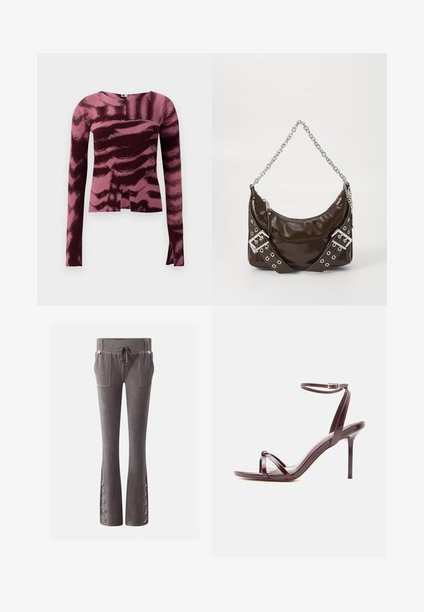 T-shirt à manches longues en maille côtelée dans un motif abstrait bourgogne et rose, avec un décolleté carré et une coupe ajustée.; Pantalon en velours gris avec taille à cordon côtelé, poches plaquées à l’avant et détails lacés boutonnés aux bas évasés.; Sandale à talon haut en cuir verni bordeaux avec fine bride à la cheville et brides croisées sur les orteils sur fond blanc.; Sac à main en cuir verni marron foncé avec une bandoulière en chaîne argentée, des ceintures décoratives à double boucle et une fermeture éclair.