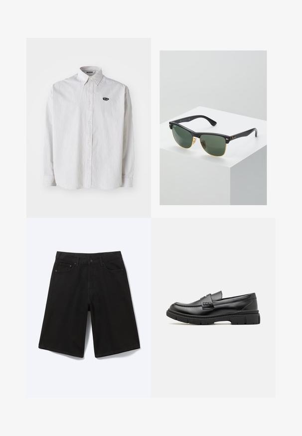 Chemise blanche à manches longues avec de fines rayures verticales grises. Dotée d'un col boutonné et d'un petit logo noir sur la poitrine gauche.; Short en jean noir longueur genou avec bouton à l'avant, passants de ceinture et cinq poches, présenté sur fond blanc.; Mocassin en cuir noir avec une large sangle sur le devant, semelle en caoutchouc à épaisse rainure, et texture lisse. Design classique et élégant.; Lunettes de soleil Ray-Ban avec des verres verts, monture en plastique noir et accents dorés sur les bords. Forme carrée avec une finition mate.