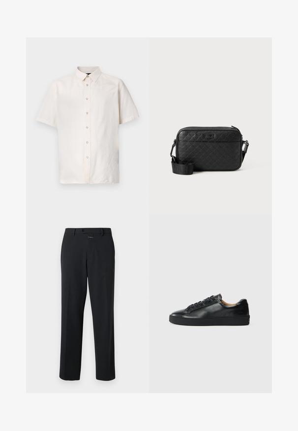 Chemise à manches courtes en tissu beige clair, dotée d'un devant boutonné, d'un col modeste et de détails de couture simples sur les côtés.; Pantalon noir à coupe droite, en tissu lisse. Il présente une fermeture à bouton à l'avant et des détails de couture subtils. Conception simple sans motifs.; Baskets en cuir noir avec une texture lisse, bout rond et fermeture à lacets. Comprend une semelle en caoutchouc épaisse et un minimum de détails de marque.; Sac bandoulière noir texturé avec motif géométrique en relief et bandoulière réglable avec logo de la marque.