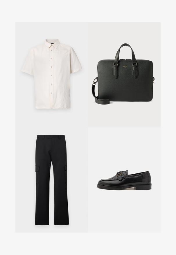 Chemise à manches courtes en tissu beige clair, dotée d'un devant boutonné, d'un col modeste et de détails de couture simples sur les côtés.; Pantalon cargo noir à jambes droites avec poches à rabat latérales et passants de ceinture sur fond blanc uni.; Mocassins en cuir noir avec un bout arrondi et une boucle décorative. Talon plat, solide et texture lisse sur l'ensemble.; Serviette en cuir noir avec surface texturée, doubles poignées supérieures, bandoulière amovible et logo discret. Design rectangulaire élégant.