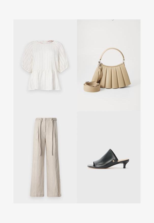 Hvid bluse med lodrette striber, korte puffærmer, rund halsudskæring og en samlesøms peplum-kant. Lavet af letvægts, tekstureret stof.; Bredbeinede bukser i lyse beige linned med høj talje, frontplisseringer og en bundet bælte detalje. Glat tekstur og afslappet pasform.; Sorte læder open-toe mules med en lav hæl. Har en glat overflade og et guld logo-prim på siden.; Lacoste LENGLEN BAG - Håndtasker - viennois