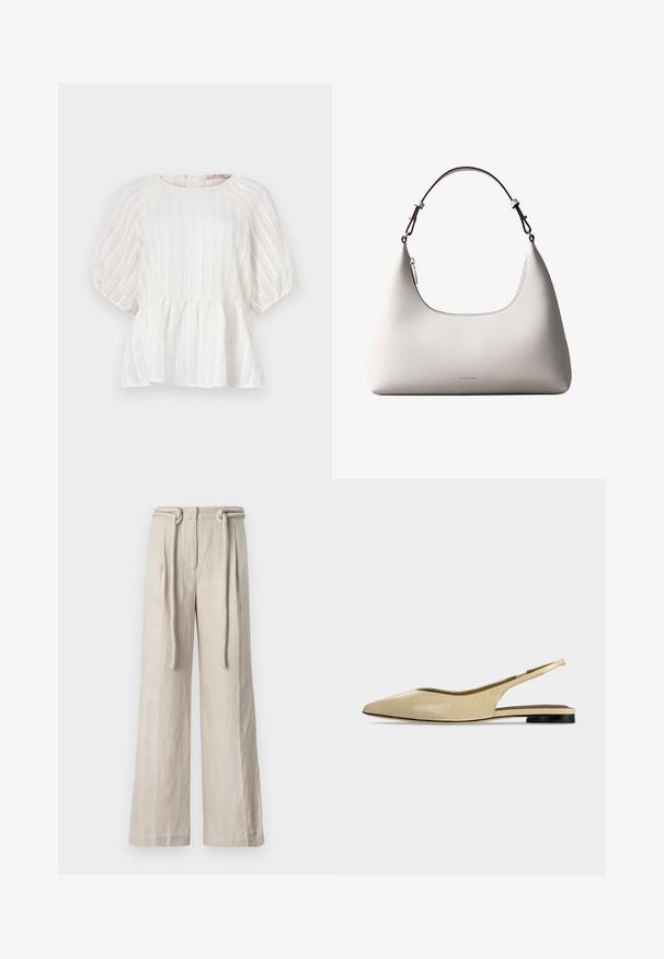 Blusa blanca con rayas verticales, mangas cortas abullonadas, cuello redondo y dobladillo peplum fruncido. Fabricada en un tejido ligero y texturizado.; Pantalones de pierna ancha en lino beige claro con una cintura alta, pliegues frontales y un detalle de cinturón atado. Textura suave y ajuste relajado.; Zapato plano beige con puntera puntiaguda, diseño slingback, tacón bajo negro y acabado en cuero liso, mostrado de perfil sobre un fondo liso.; Bolso de hombro de cuero color crema de Calvin Klein con borde superior curvado, cremallera plateada y correa ajustable marrón oscuro.