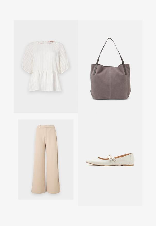 Hvid bluse med lodrette striber, korte puffærmer, rund halsudskæring og en samlesøms peplum-kant. Lavet af letvægts, tekstureret stof.; Beige bukser med højt talje og vide ben, med bæltestropper og skjult lukning foran, på hvid baggrund.; Hvide patentlæder flade sko med spids tå, to dekorative stropper med sølvspænder og en diskret brun sål.; Grå ruskind tote taske med to mørke læderhåndtag. Har stikninger på siderne, blød tekstur og en rummelig åbning.