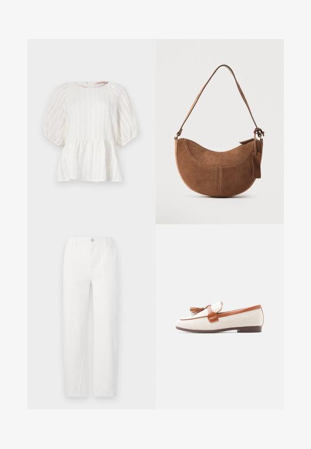 Blusa blanca con rayas verticales, mangas cortas abullonadas, cuello redondo y dobladillo peplum fruncido. Fabricada en un tejido ligero y texturizado.; Jeans rectos blancos de mezclilla, con cierre de botón, dos bolsillos frontales y costuras limpias. Diseño sencillo sin patrones visibles.; Zapato mocasín sin cordones para mujer con tela beige, ribete de cuero marrón, detalle de borlas y suela plana marrón, mostrado de lado sobre fondo blanco.; Bolso de ante marrón con forma curva de media luna. Cuenta con una correa para el hombro, una pequeña etiqueta y costuras visibles a lo largo de los bordes.