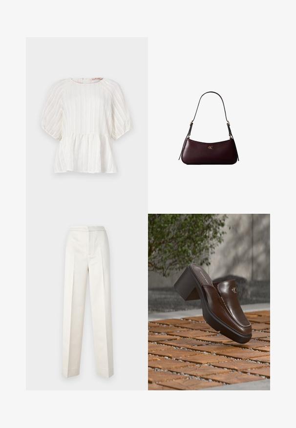 Blusa blanca con rayas verticales, mangas cortas abullonadas, cuello redondo y dobladillo peplum fruncido. Fabricada en un tejido ligero y texturizado.; Pantalones color crema con un corte ajustado, que presentan una pierna recta, tejido suave, pliegues frontales y un dobladillo limpio. Diseño minimalista.; Mule con tacón de cuero marrón Calvin Klein flotando sobre un suelo de baldosas de madera con un fondo borroso de planta verde y pared.; Bolso de mano de cuero burdeos oscuro con una delgada correa negra para el hombro y pequeño logo dorado "cK" en el centro delantero.