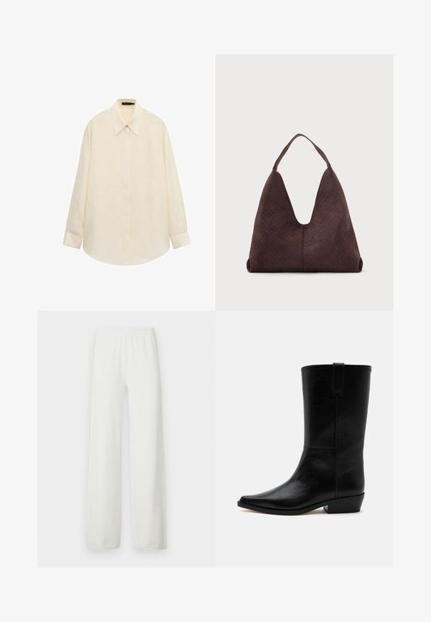 Chemise boutonnée à manches longues de couleur crème avec col pointu et patte de boutonnage cachée, posée à plat sur un fond blanc.; Pantalon blanc à jambes larges en tissu doux et léger. Il possède une taille élastique et des jambes coupées droit. Sans motifs ni accents visibles.; Botte de cowboy en cuir noir mi-mollet avec bout pointu, petit talon empilé et languette de tirage en haut sur un fond uni.; Grand sac à main en cuir marron avec une texture tissée et une seule bandoulière, présenté sur un fond clair uni.