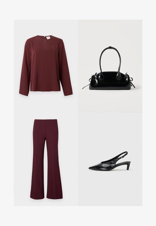 Blouse à manches longues bordeaux avec un petit décolleté en forme de clé à l'avant et une fermeture éclair dissimulée au col.; Pantalons évasés bordeaux taille haute avec pinces à l'avant et coupe ajustée, présentés sur fond blanc.; Escarpin à bride arrière en cuir noir avec un bout pointu, un petit talon et une sangle à boucle réglable. Texture lisse avec un minimalisme dans les détails.; Petit sac à main noir brillant avec deux longues anses et des détails à cordon sur les côtés sur un fond clair uni.