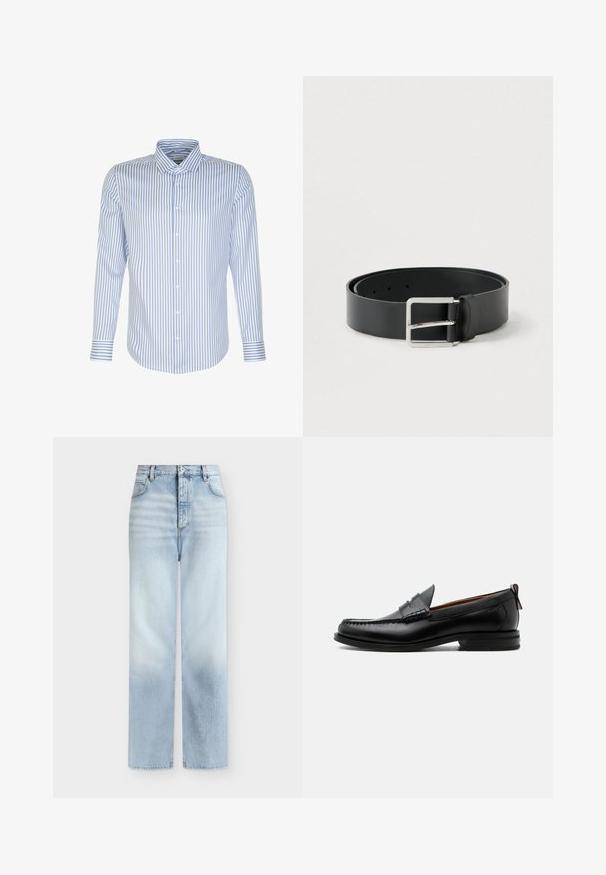 Heren overhemd met lange mouwen, lichtblauwe en witte strepen, knoopsluiting aan de voorkant, klassieke kraag, katoen stof, soepele textuur, gebogen zoom.; Lichtblauwe, hoog getailleerde, rechte jeans met voorzakken, riemlussen en een knoopsluiting.; Zwarte leren herensloffen met moc toe stiksel, pennyriem, gestructureerde kraag en lage gestapelde hak op witte achtergrond.; Zwarte leren riem met een gladde afwerking, voorzien van een rechthoekige zilveren metalen gesp en meerdere verstelgaten.