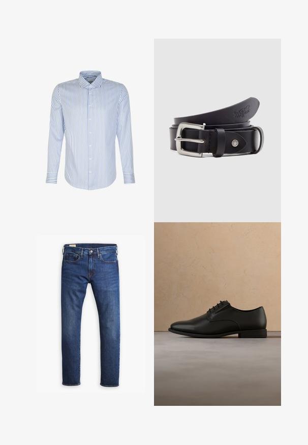 Herren Langarmhemd, hellblau mit weißen Streifen, knöpfbarer Frontverschluss, klassischer Kragen, Baumwollstoff, glatte Textur, abgerundeter Saum.; Blaue Jeans aus Denim mit geradem Bein, fünf Taschen, einem Knopf- und Reißverschluss und kontrastierenden goldenen Nähten.; Schwarzer Oxford-Halbschuh aus Leder mit Schnürsenkeln, schwebt über einem beigen Teppich in einem minimalistisch eingerichteten Raum.; Schwarzer Ledergürtel mit silberner Metallschnalle, einem Druckknopf zur Verstellung und geprägtem Muster auf dem Leder. Gleichmäßige, glatte Textur.