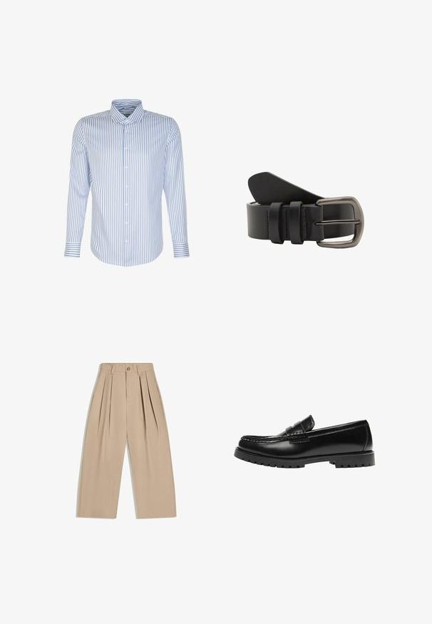 Herren Langarmhemd, hellblau mit weißen Streifen, knöpfbarer Frontverschluss, klassischer Kragen, Baumwollstoff, glatte Textur, abgerundeter Saum.; Beige High-Waist-Hose mit weitem Bein, Falten, Gürtelschlaufen und einer Knopfverschluss vorne.; Schwarzer Leder-Slipper mit dicker Gummisohle und klassischem Penny-Detail an der Riemen, von der Außenseite gezeigt.; Schwarzer Ledergürtel mit glatter Textur, einer metallischen Schnalle und drei Einstellschlaufen für einen sicheren Sitz.