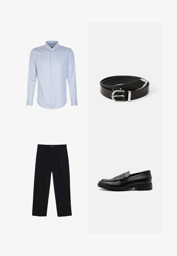Herren Langarmhemd, hellblau mit weißen Streifen, knöpfbarer Frontverschluss, klassischer Kragen, Baumwollstoff, glatte Textur, abgerundeter Saum.; Schwarze gerade geschnittene Hose mit Gürtelschlaufen, Knopfverschluss und Seitentaschen, dargestellt vor weißem Hintergrund.; Schwarzer Leder-Herrenloafer mit Quasten-Detail, abgerundeter Spitze, niedrigem Absatz und glatter, polierter Oberfläche, von der Seite auf weißem Hintergrund dargestellt.; Schwarzer Ledergürtel mit einer silbernen Metallschnalle, die ein klassisches Design und eine glatte Textur aufweist. Mit Löchern für eine verstellbare Passform.