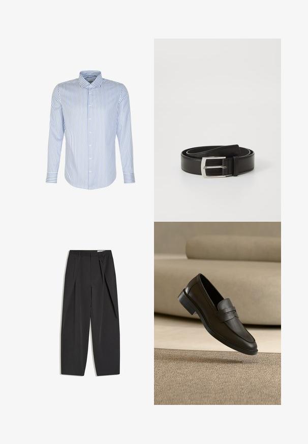 Herren Langarmhemd, hellblau mit weißen Streifen, knöpfbarer Frontverschluss, klassischer Kragen, Baumwollstoff, glatte Textur, abgerundeter Saum.; Schwarze, maßgeschneiderte, hoch taillierte Hose mit Bügelfalten, Gürtelschlaufen und geradem Bein, flach auf weißem Hintergrund dargestellt.; Schwarzer Lederloafer, der auf einem beigen Teppich liegt, mit einem gebogenen beigen Sofa im Hintergrund.; Schwarzer Ledergürtel mit glatter Textur, ausgestattet mit einer rechteckigen silbernen Metallschnalle und einem klassischen Design.