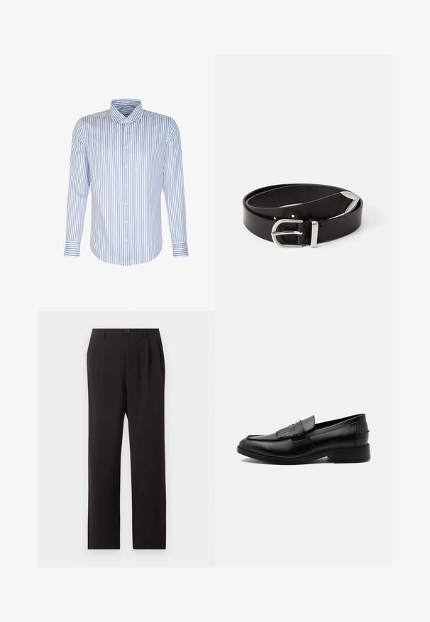 Herren Langarmhemd, hellblau mit weißen Streifen, knöpfbarer Frontverschluss, klassischer Kragen, Baumwollstoff, glatte Textur, abgerundeter Saum.; Schwarze, hoch taillierte, maßgeschneiderte Hose mit Falten, Knopfverschluss, Gürtelschlaufen und geraden Beinen auf einem schlichten hellen Hintergrund.; Schwarzer Leder-Herrenloafer mit Quasten-Detail, abgerundeter Spitze, niedrigem Absatz und glatter, polierter Oberfläche, von der Seite auf weißem Hintergrund dargestellt.; Schwarzer Ledergürtel mit einer silbernen Metallschnalle, die ein klassisches Design und eine glatte Textur aufweist. Mit Löchern für eine verstellbare Passform.