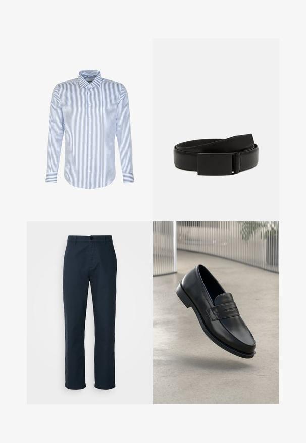 Herren Langarmhemd, hellblau mit weißen Streifen, knöpfbarer Frontverschluss, klassischer Kragen, Baumwollstoff, glatte Textur, abgerundeter Saum.; Marineblaue Chinos aus Baumwollstoff, mit geradem Bein, Knopfverschluss und seitlichen Taschen für zusätzlichen Nutzen.; Schwarzer Lederloafer mit glatter Textur, spitzer Zehe und einem dekorativen Riemen über dem Rist. Leichte Sohle, minimalistisches Design.; Schwarzer Leder-Gürtel mit glatter Oberfläche, ausgestattet mit einer rechteckigen, mattschwarzen Schnalle und einem klassischen, minimalistischen Design.