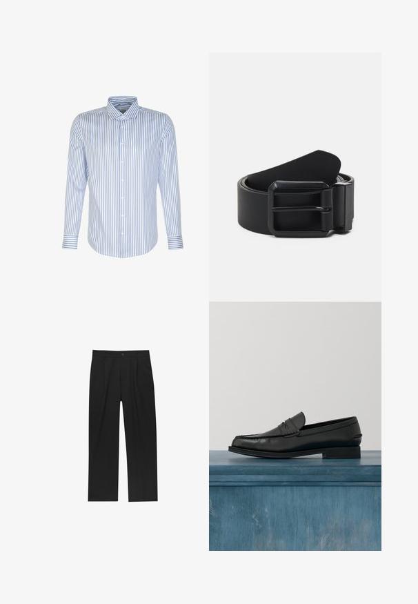 Herren Langarmhemd, hellblau mit weißen Streifen, knöpfbarer Frontverschluss, klassischer Kragen, Baumwollstoff, glatte Textur, abgerundeter Saum.; Schwarze Hose mit geradem Schnitt, aus einem glatten Stoff gefertigt. Verfügt über Vorderfalten und einen einzelnen Knopfverschluss an der Taille.; Schwarze Leder-Loafer mit schlankem Design, ausgestattet mit einer abgesteppten Zehe und einer glatten Oberfläche. Der Schuh verfügt über einen flachen Absatz und minimale Verzierungen.; Schwarzer Leder-Gürtel mit einer mattschwarzen metallischen Schnalle, die eine flache, glatte Oberfläche und ein verjüngtes Ende aufweist. Einfaches Design ohne Verzierungen.