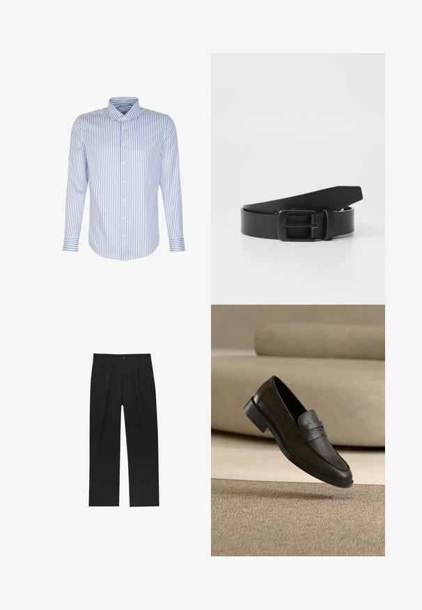 Herren Langarmhemd, hellblau mit weißen Streifen, knöpfbarer Frontverschluss, klassischer Kragen, Baumwollstoff, glatte Textur, abgerundeter Saum.; Schwarze Hose mit geradem Schnitt, aus einem glatten Stoff gefertigt. Verfügt über Vorderfalten und einen einzelnen Knopfverschluss an der Taille.; Schwarzer Lederloafer, der auf einem beigen Teppich liegt, mit einem gebogenen beigen Sofa im Hintergrund.; Schwarzer Leder Gürtel mit einer mattschwarzen Metallschließe, ausgestattet mit einer glatten Textur und einfachem Design. Verstellbare Länge mit zulaufendem Ende.