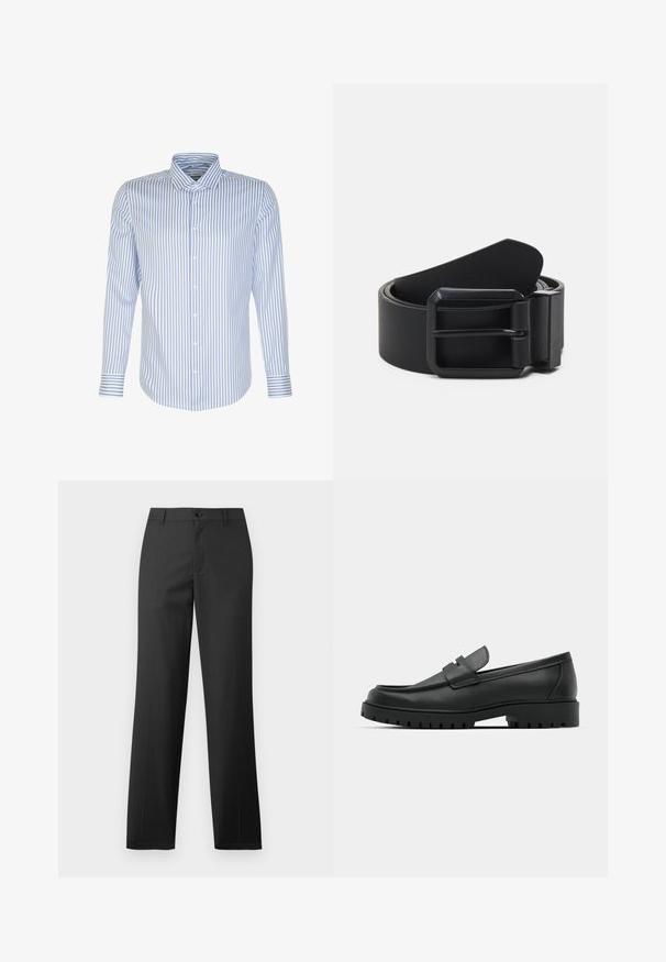 Chemise pour homme à manches longues, rayures bleu clair et blanches, fermeture à boutons sur le devant, col classique, tissu en coton, texture lisse, ourlet arrondi.; Samsøe Samsøe SAJOHNNY TROUSERS - Pantalon classique - turkish coffee; Mocassins en cuir noir à bout arrondi, avec un design cousu, une semelle plateforme basse et une semelle en caoutchouc texturée et crantée.; Ceinture en cuir noir avec une boucle en métal noir mat, présentant une surface plate et lisse et une extrémité effilée. Design simple sans embellissements.