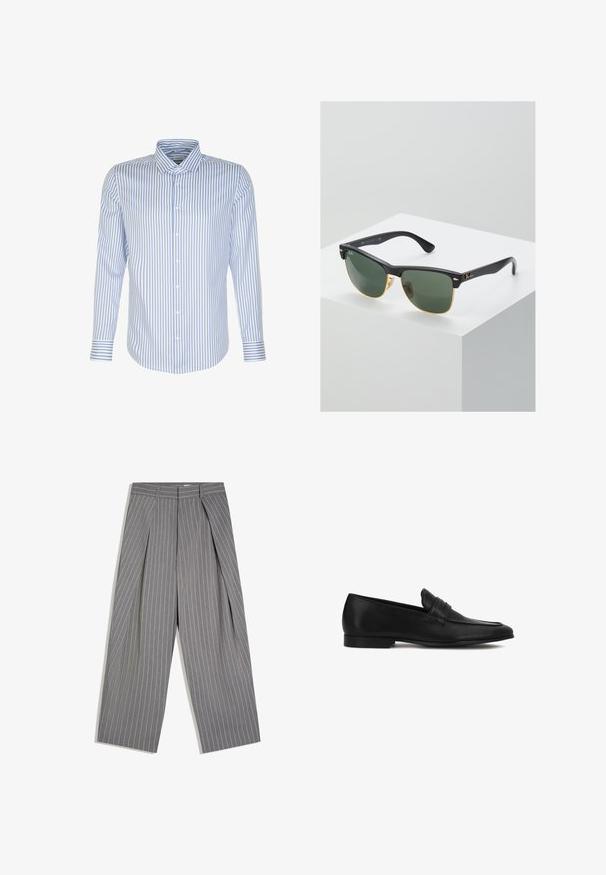 Heren overhemd met lange mouwen, lichtblauwe en witte strepen, knoopsluiting aan de voorkant, klassieke kraag, katoen stof, soepele textuur, gebogen zoom.; Grijze broek met wijde pijpen, witte krijtstrepen en plooien aan de voorkant, met een hoge taille en riemlussen.; Zwarte leren herenslipper met lage hak, afgeronde neus en decoratieve riem over de wreef, zijaanzicht op witte achtergrond.; Ray-Ban zonnebrillen met groene lenzen, zwarte plastic monturen en gouden accenten aan de randen. Vierkante vorm met een matte afwerking.