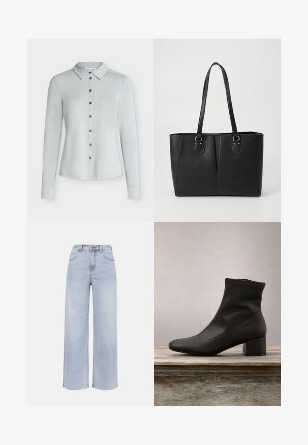 Chemise gris clair à manches longues, boutonnée, avec col, sept boutons foncés sur le devant et ourlet droit.; Jean large taille haute bleu clair avec bouton et fermeture éclair à l'avant, deux poches avant et deux poches arrière, et ourlet brut.; Bottine noire à finition en cuir lisse et brillante, talon bloc incliné, et tige ajustée élastiquée pour une silhouette élégante.; Sac fourre-tout noir en simili cuir avec une finition texturée, deux longues poignées et des accents en métal doré sur le côté. Shape rectangulaire.